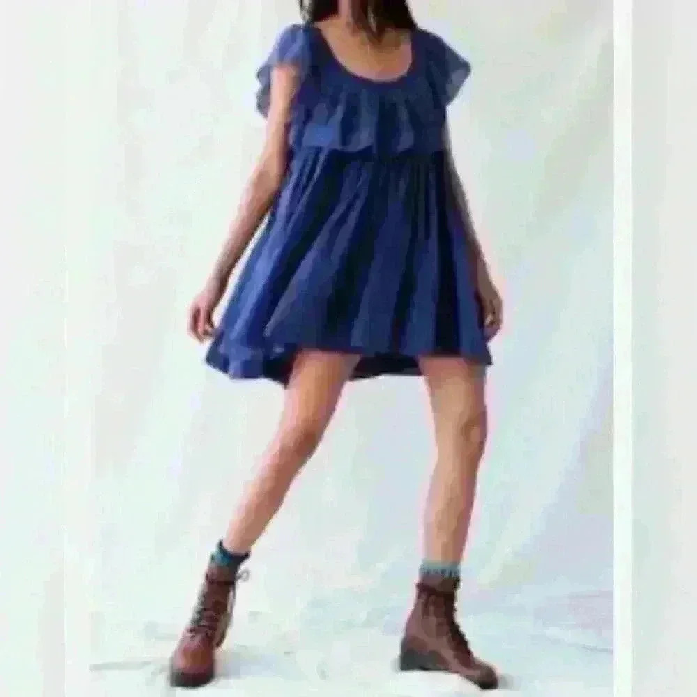 Free People Women's Hailey Cotton Ruffle Short Sleeve Mini Dress Navy M $148 NWT - Picture 9 of 12